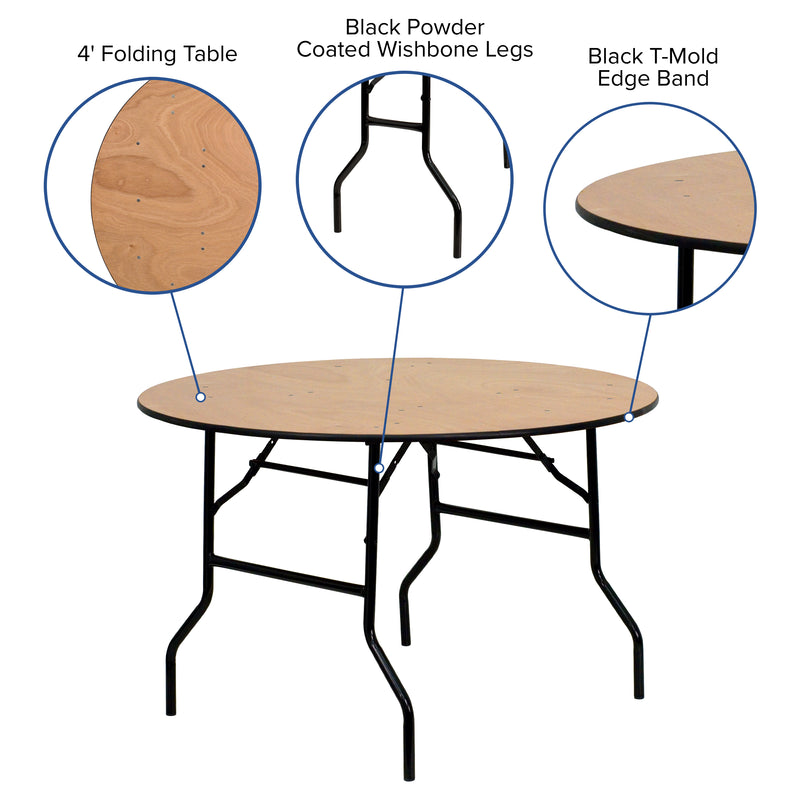 Furman 5-Foot Round Wood Folding Banquet Table with Clear Coated Finished Top