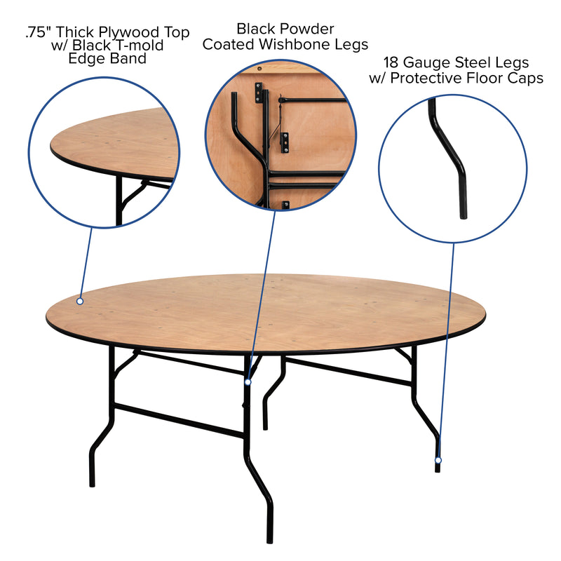 Furman 6-Foot Round Wood Folding Banquet Table with Clear Coated Finished Top