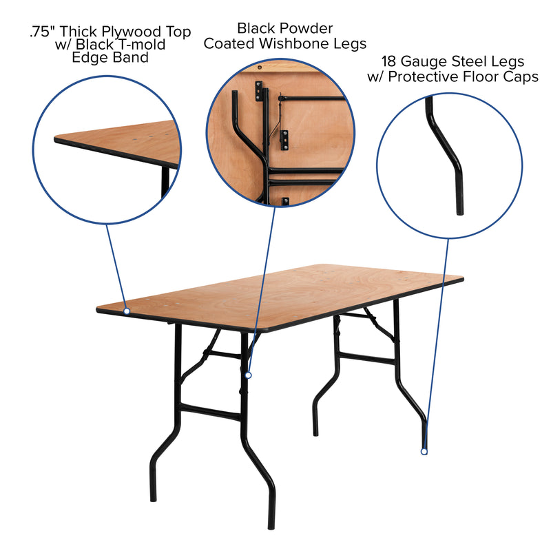 Gael 5-Foot Rectangular Wood Folding Banquet Table with Clear Coated Finished Top