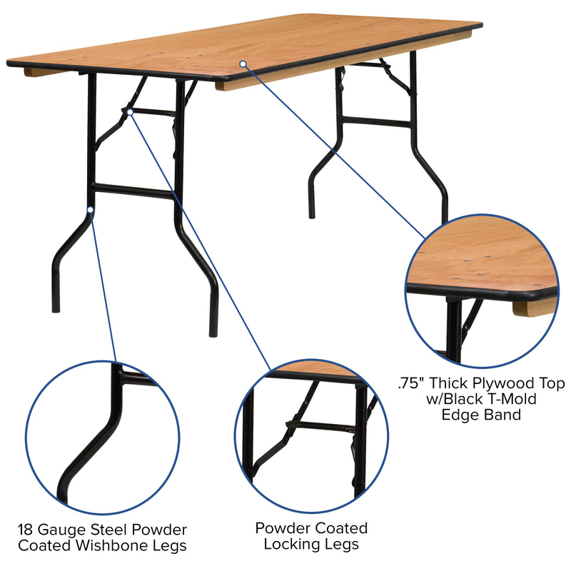 Gael 6-Foot Rectangular Wood Folding Banquet Table with Clear Coated Finished Top