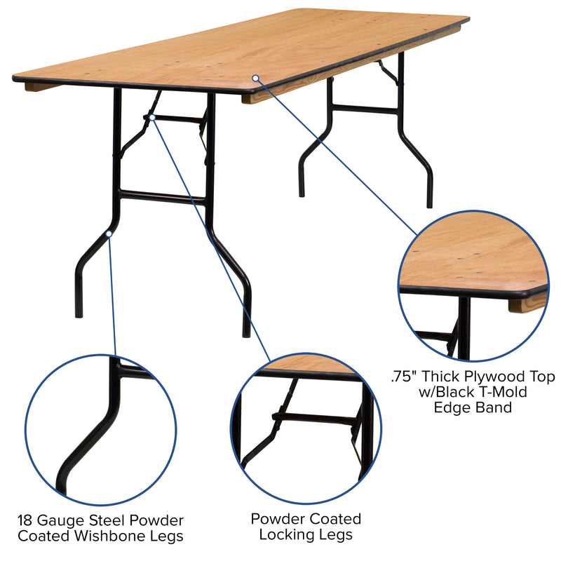 Gael 8-Foot Rectangular Wood Folding Banquet Table with Clear Coated Finished Top