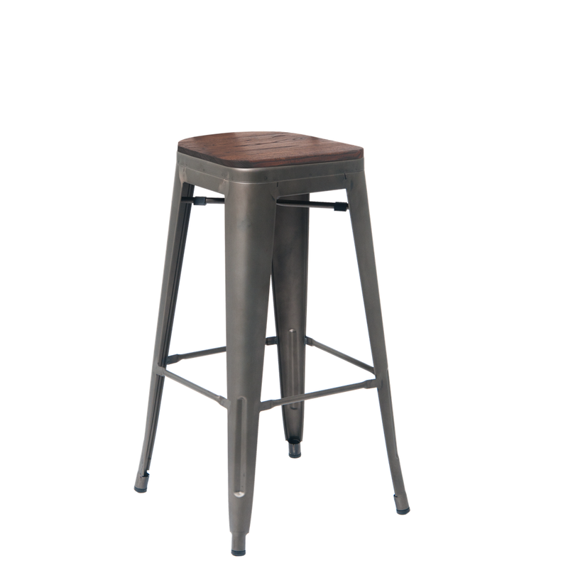 Indoor Steel Backless Restaurant Stool In Gun Color Coating With Walnut Elmwood Seat - Moda Seating Corp