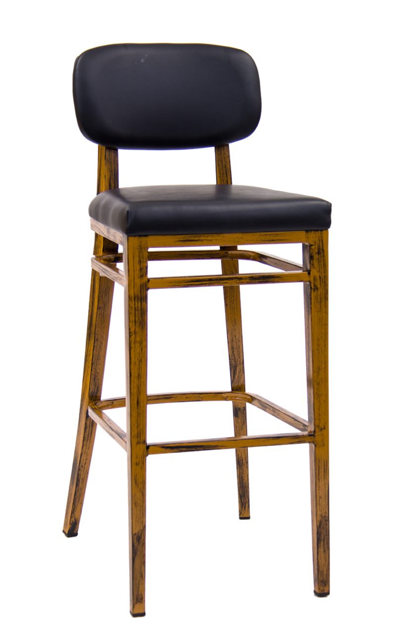 Wood Grain Metal Barstool & Black Vinyl Seat & Back