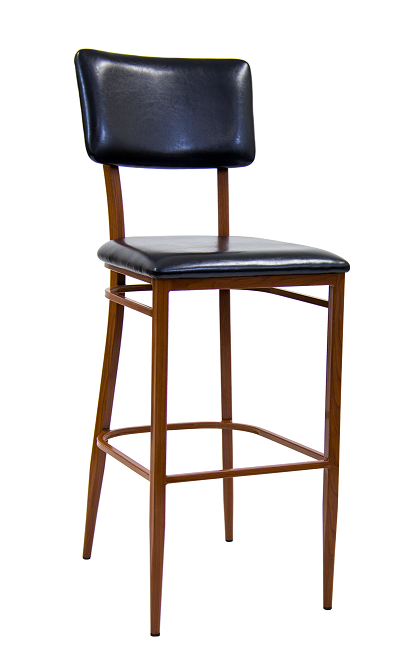 Metal Barstool in Mahogany Finish Frame & Black Vinyl Seat and Back