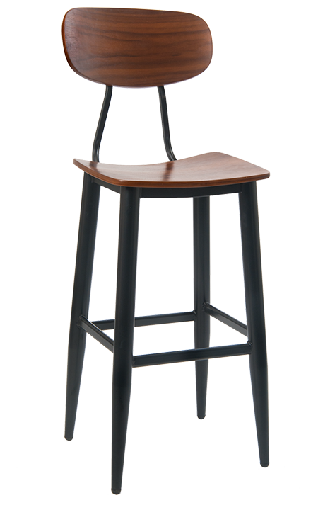 Black Metal Bar Stool with Veneer Back & Seat
