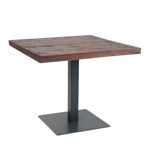 35" x 35" Square Indoor Steel Restaurant Table with Walnut Color Elm Wood Top, Steel Legs in Black Finish