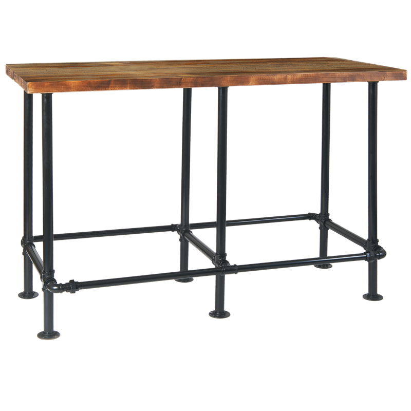 25” x 63” Indoor Pinewood Table Top with Black Pipe Metal Base in Bar Height Top Thickness: 1.75”