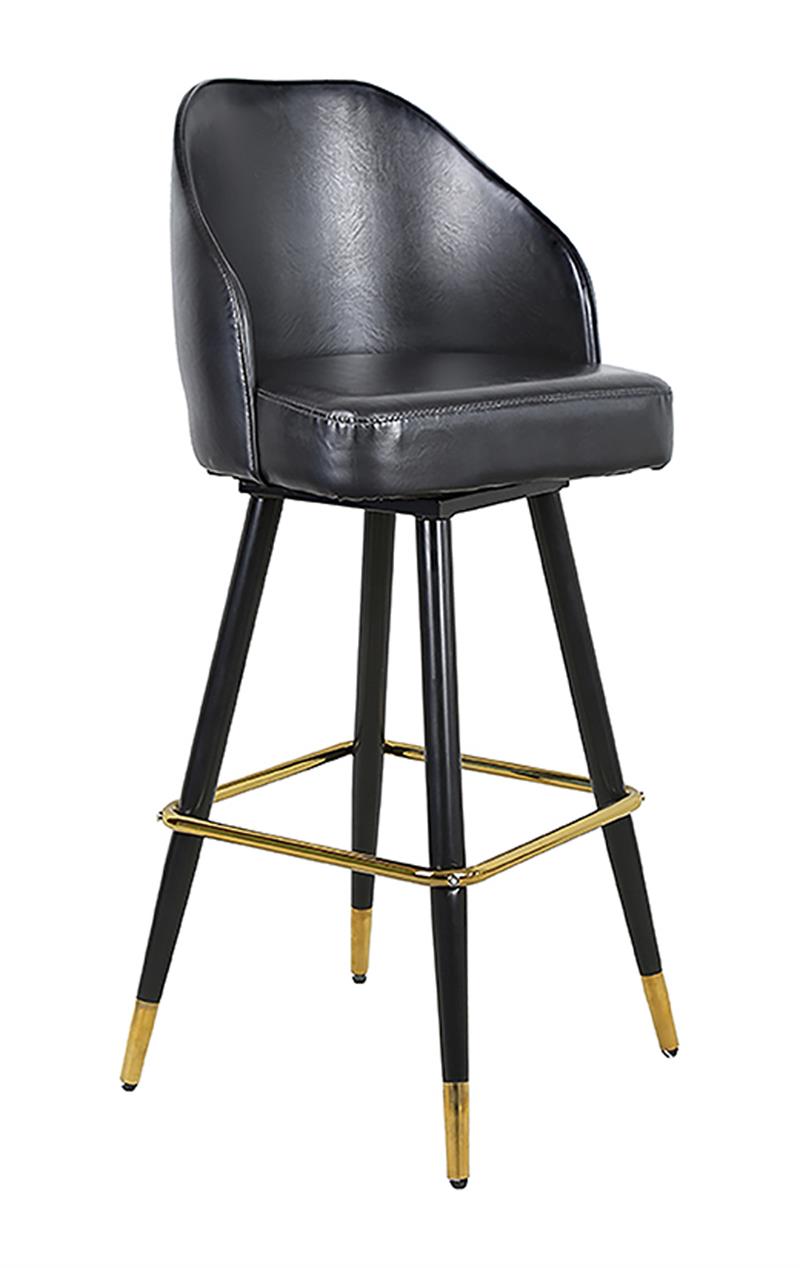 Swivel Metal Barstool with Jumbo Vinyl Bucket Seat in Black, Square Base with Gold Footrest