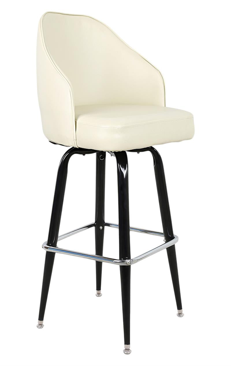 Swivel Metal Barstool with Jumbo Vinyl Bucket Seat in Cream Color, Square Base with Chrome Footrest