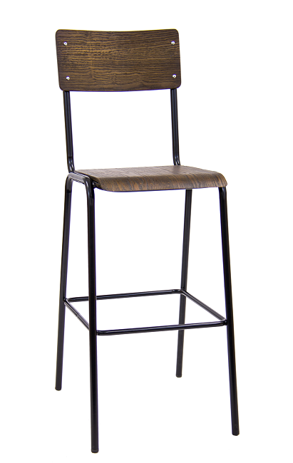Black Metal Bar Stool with Veneer Back & Seat-1