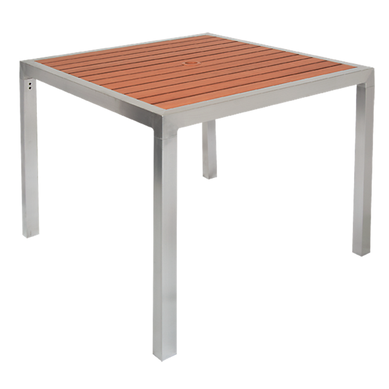 36" x 36" Aluminum Restaurant Patio Table with Umbrella Hole, Imitation Teak Slats - Moda Seating Corp