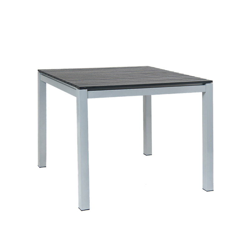 36" X 36" Grey Aluminum Restaurant Table With Black Imitation Slat Teak Top, 1.5 Umbrella Hole - Moda Seating Corp