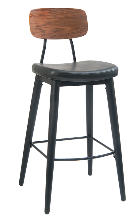 Black Metal Bar Stool with Veneer Back & Black Vinyl Seat