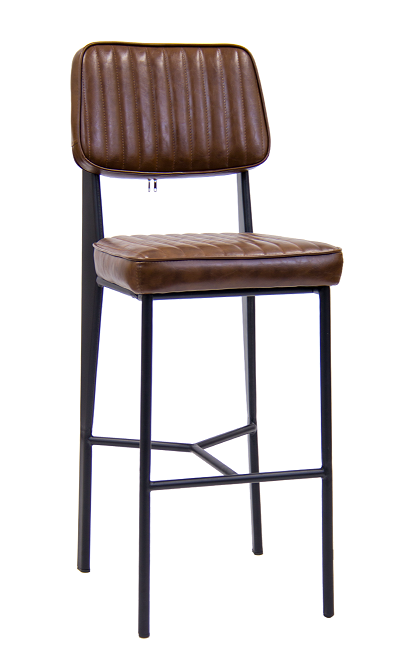 Indoor Black Metal Bar Stool & Vinyl Cushioned in Brown Finish