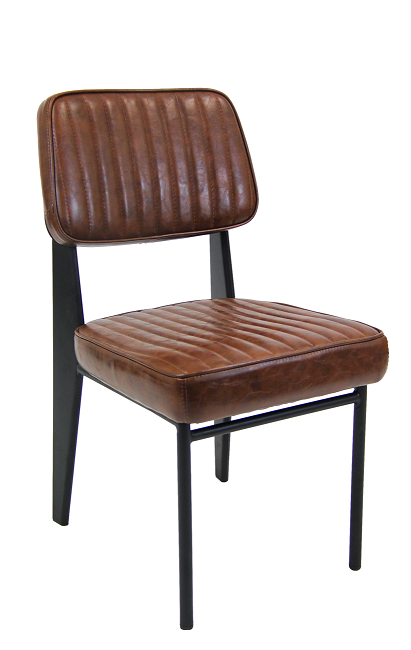 Black Metal Armless Chair with Brown Vinyl Seat & Back