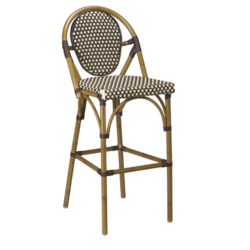 Dainty Aluminum And Cane Light Walnut Circle Back Outdoor Restaurant Bar Stool - Moda Seating Corp