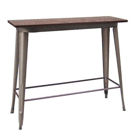 16”x48” Indoor Steel Bar Height Table with Walnut Color Elm Wood Top, Steel Legs in Dark Gun Color Coating