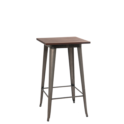 24"X24" Indoor Walnut Elm Wood Restaurant Table With Bar Height Gun Color Steel Base - Moda Seating Corp
