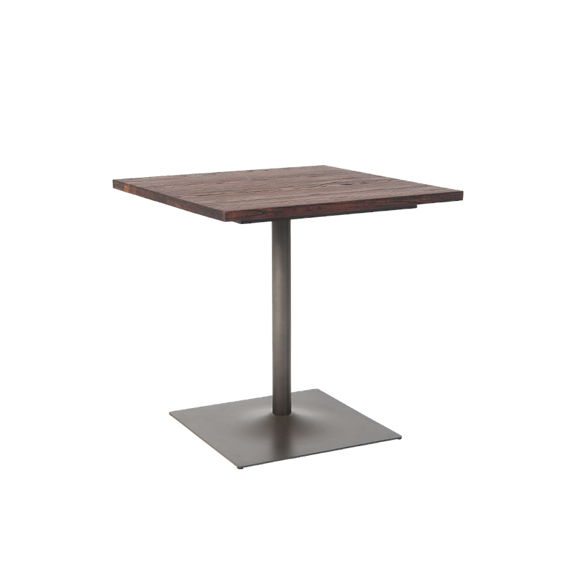 30” x 30” Indoor Steel Table with Walnut Color Elm Wood Top, 1-pc Steel Leg in Gun Color Coating