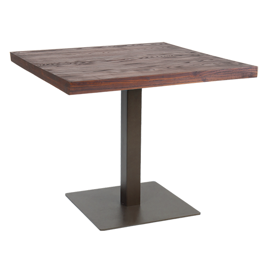 35” x 35” Indoor Steel Table with Walnut Color Elm Wood Top, Steel Legs in Dark Gun Color Coating