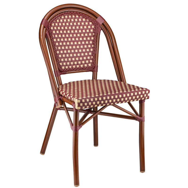 Dainty Aluminum And Cane Burgundy Circle Back Outdoor Restaurant Side Chair