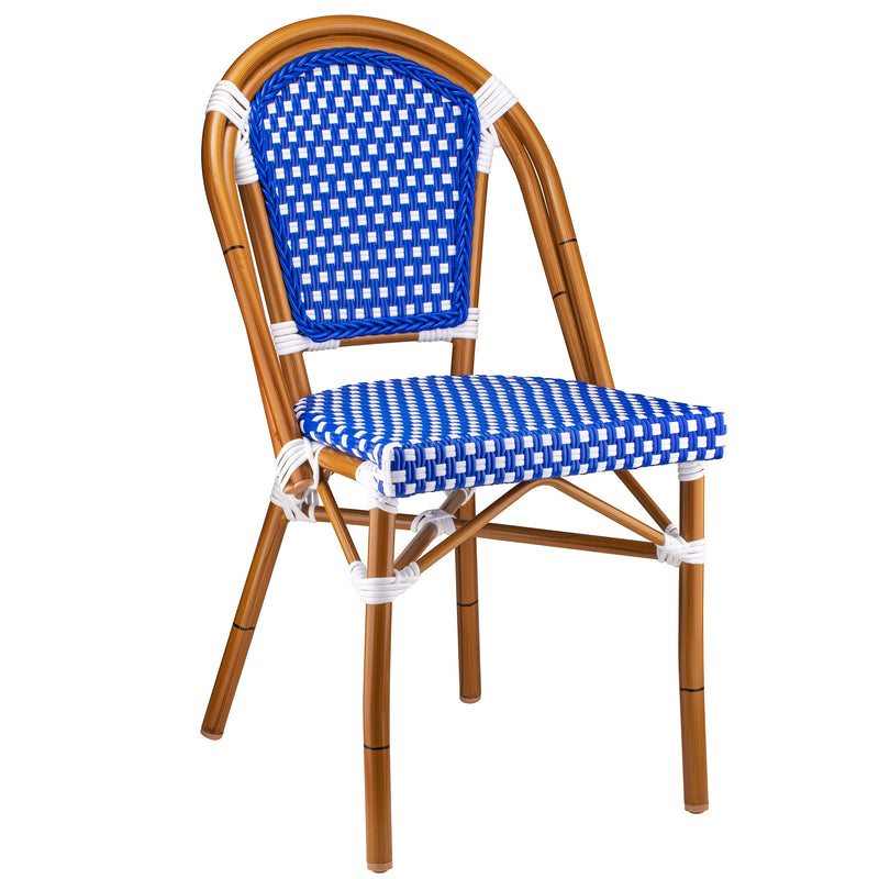 Dainty Aluminum And Cane Blue Circle Back Outdoor Restaurant Side Chair