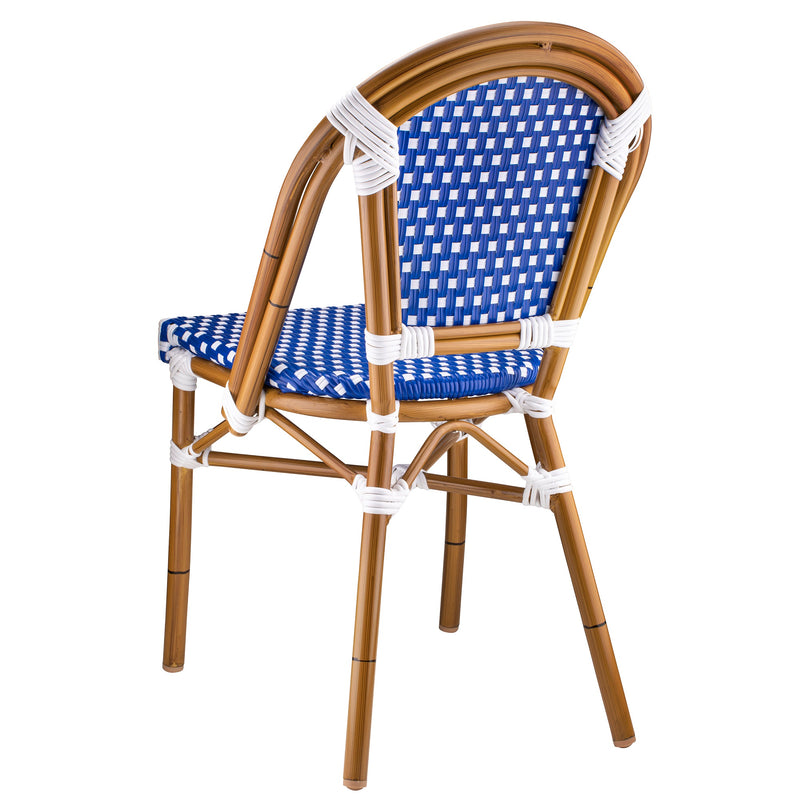 Dainty Aluminum And Cane Blue Circle Back Outdoor Restaurant Side Chair