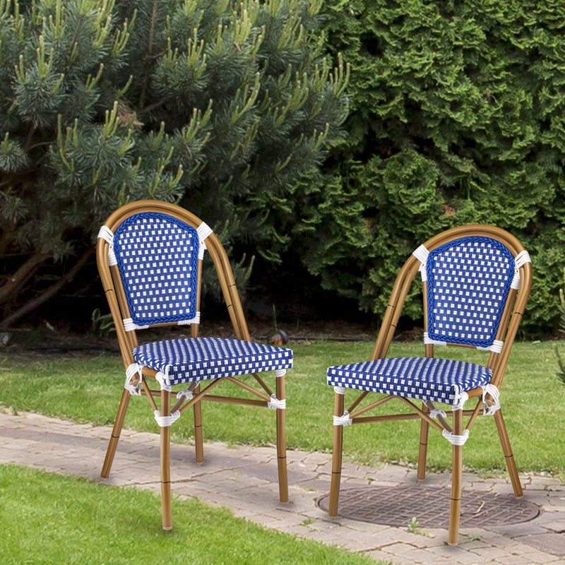 Dainty Aluminum And Cane Blue Circle Back Outdoor Restaurant Side Chair