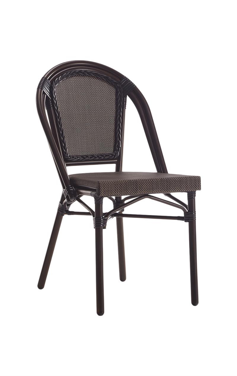 Outdoor Metal Chair with Brown Poly Woven Back & Seat in Black.